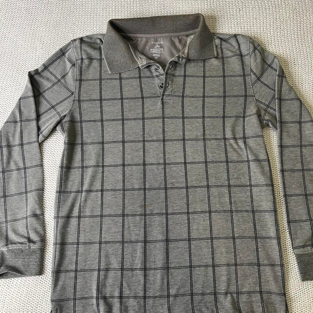 George Mens Gray Black Checkered Long Sleeve Polo Shirt Medium M Grid Preppy